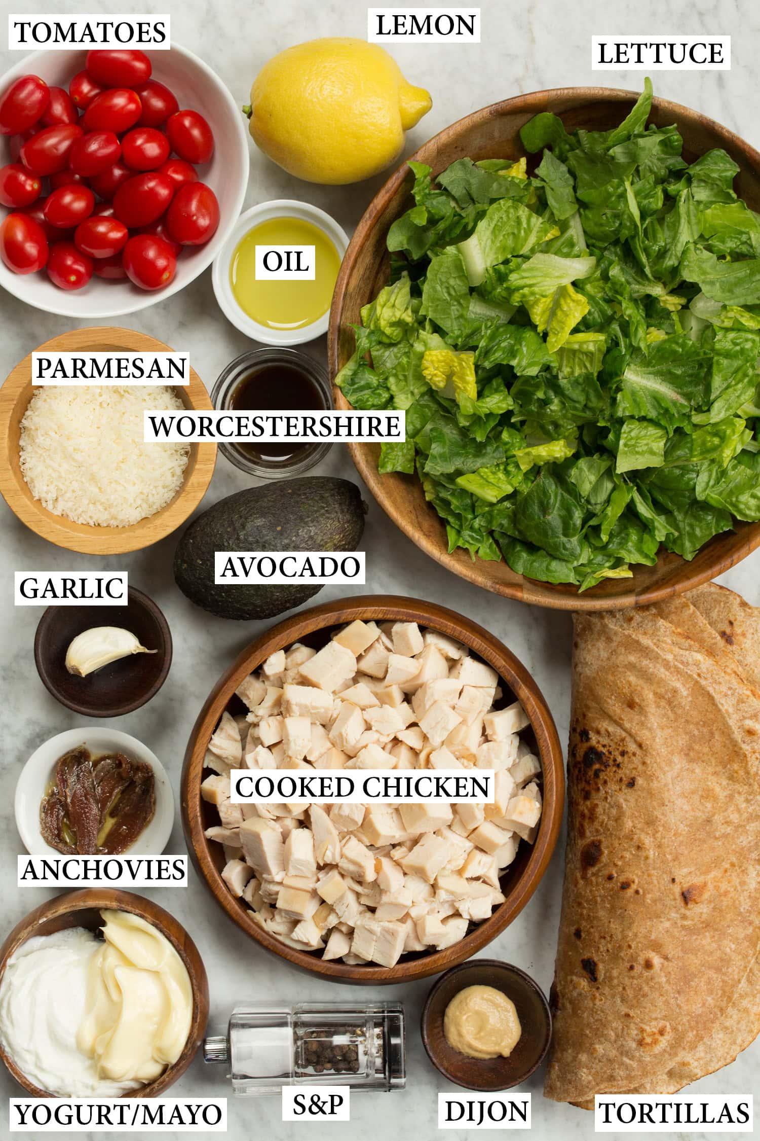 Ingredients used to make chicken caesar wrap.