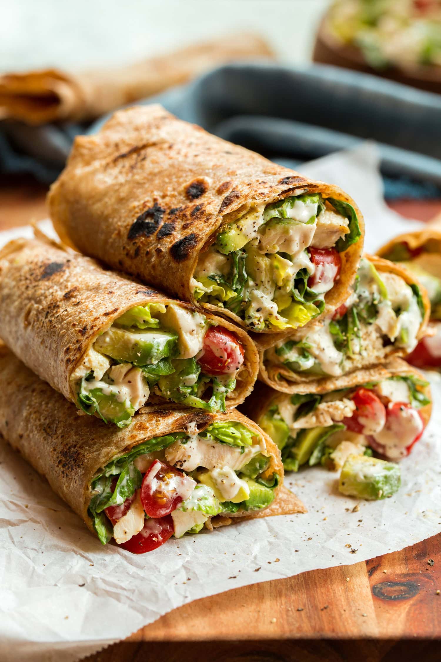 Stack of chicken caesar salad wraps