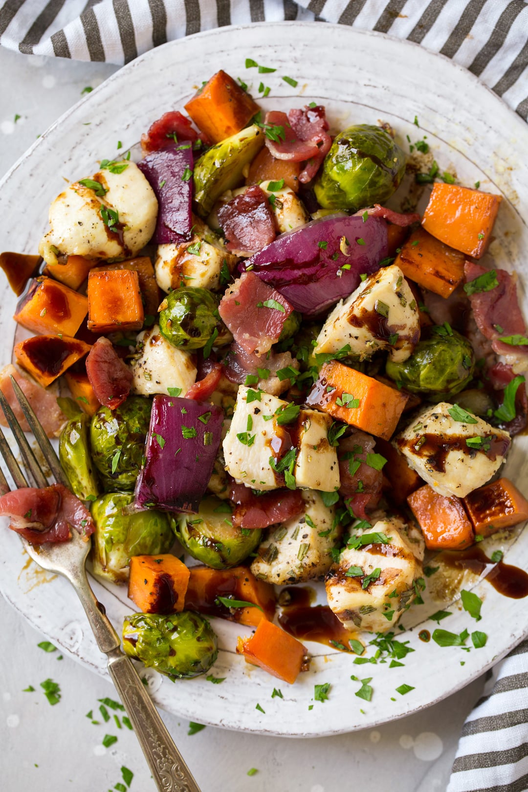 Sheet Pan Chicken Sweet Potatoes and Brussels Sprouts with Bacon and Balsamic Glaze