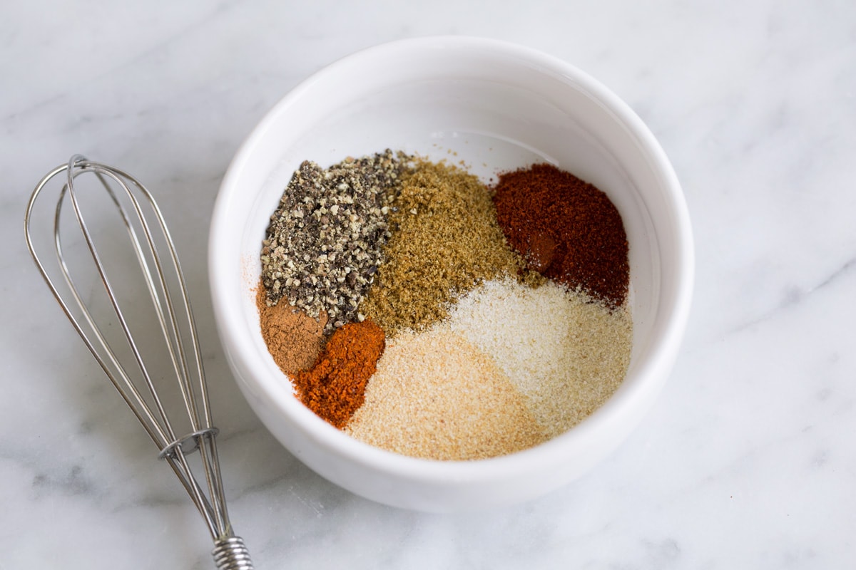 pork chop seasoning in white bowl next to whisk