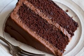 Slice of Chocolate Cake on a white dessert plate.