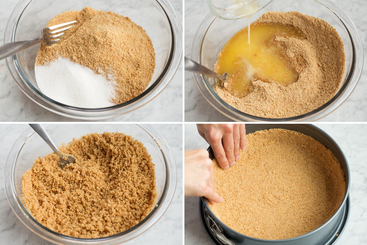 Showing steps to making a cheesecake graham cracker crust.