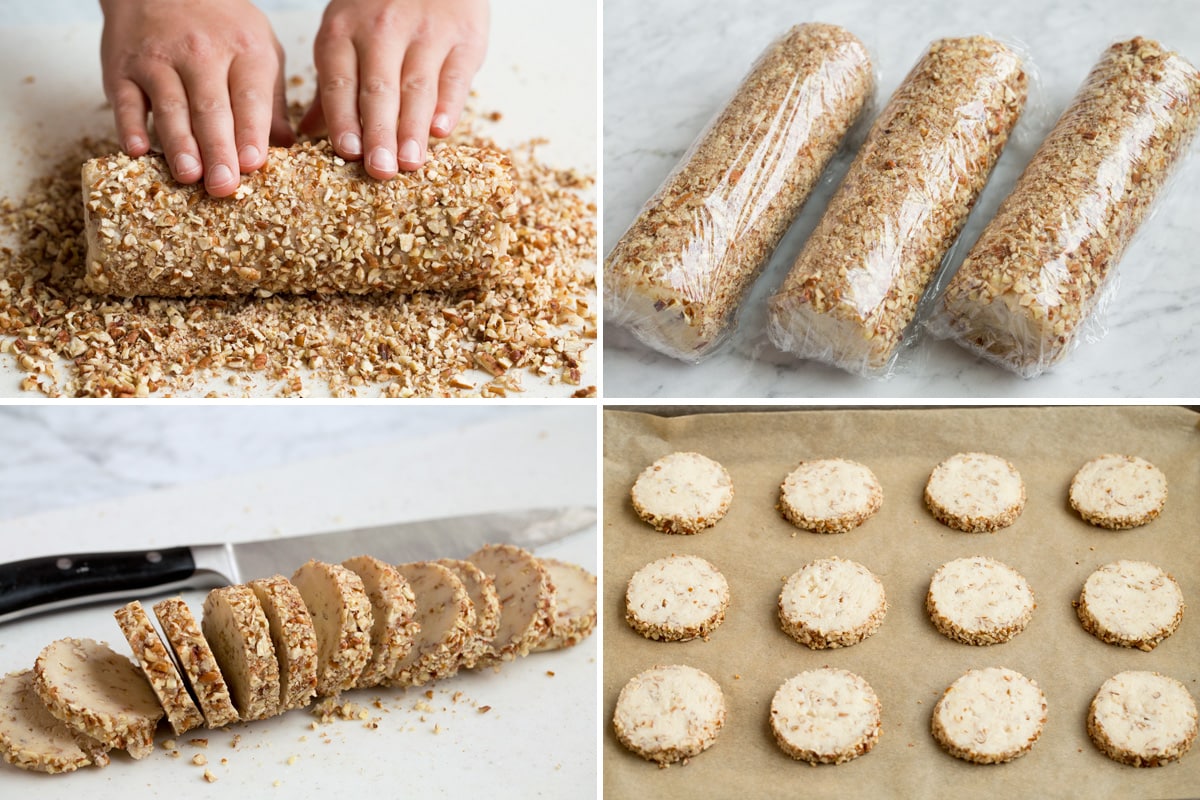 Image showing steps to rolling and slicing and baking cream cheese pecan cookies.