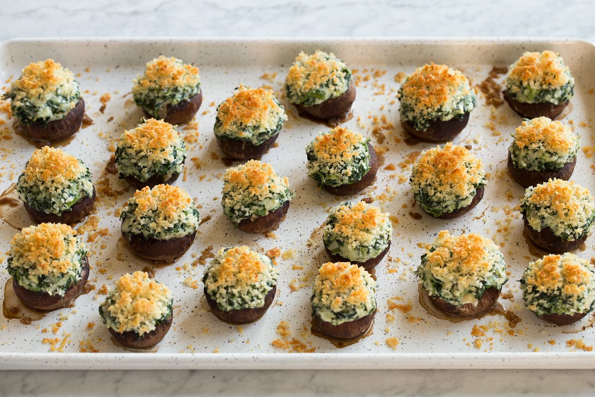 Stuffed Mushrooms shown after baking on baking sheet.