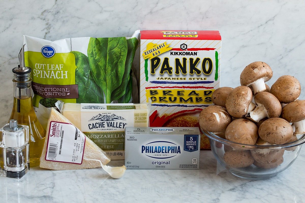 Ingredients that go into stuffed mushrooms shown here.