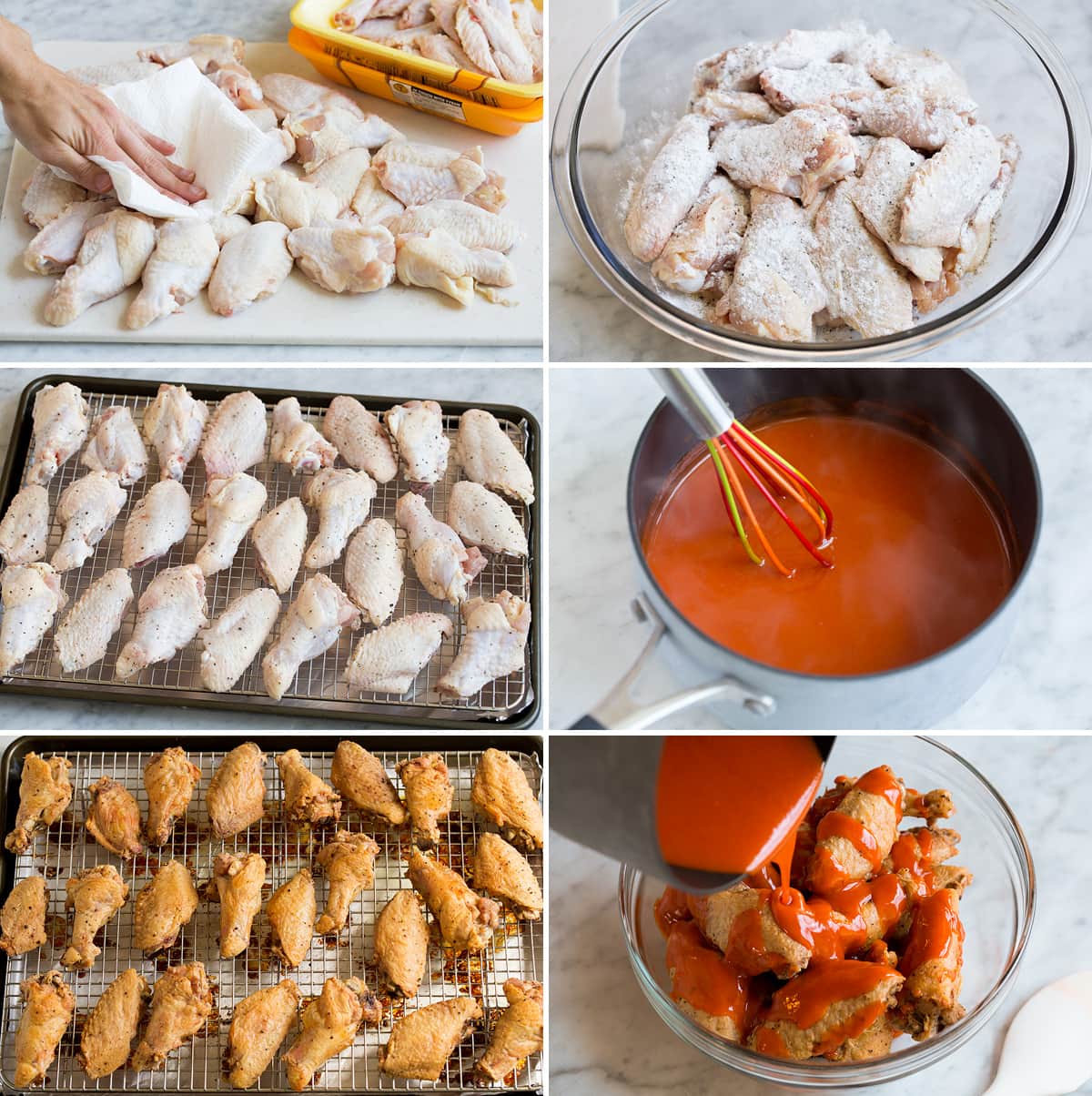 Image showing all the steps to making buffalo wings and sauce.