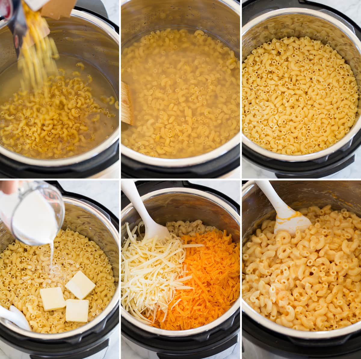 Collage of six images showing how to prepare mac and cheese in an instant pot.