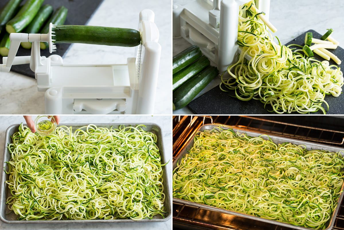 Collage of four photos showing process of making zucchini noodles.