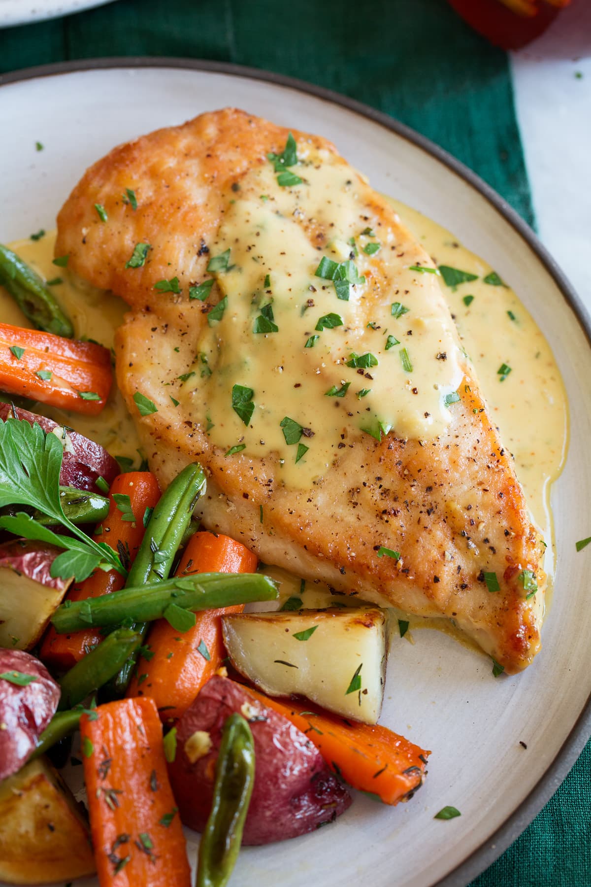 Close up photo of creamy honey mustard chicken.