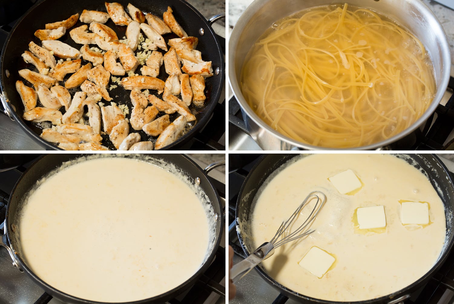Steps of chicken alfredo.