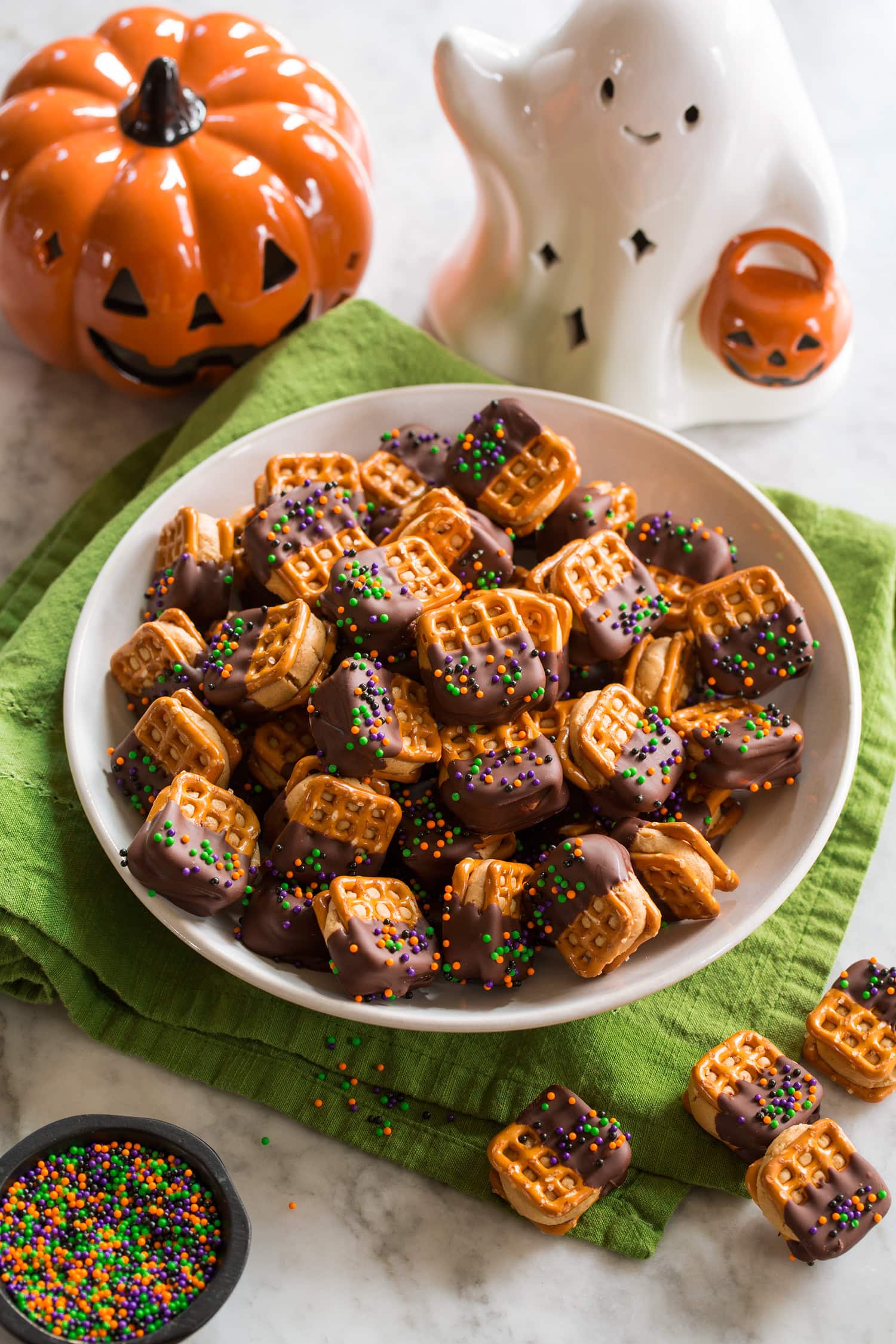 Dark chocolate dipped peanut butter pretzel bites.