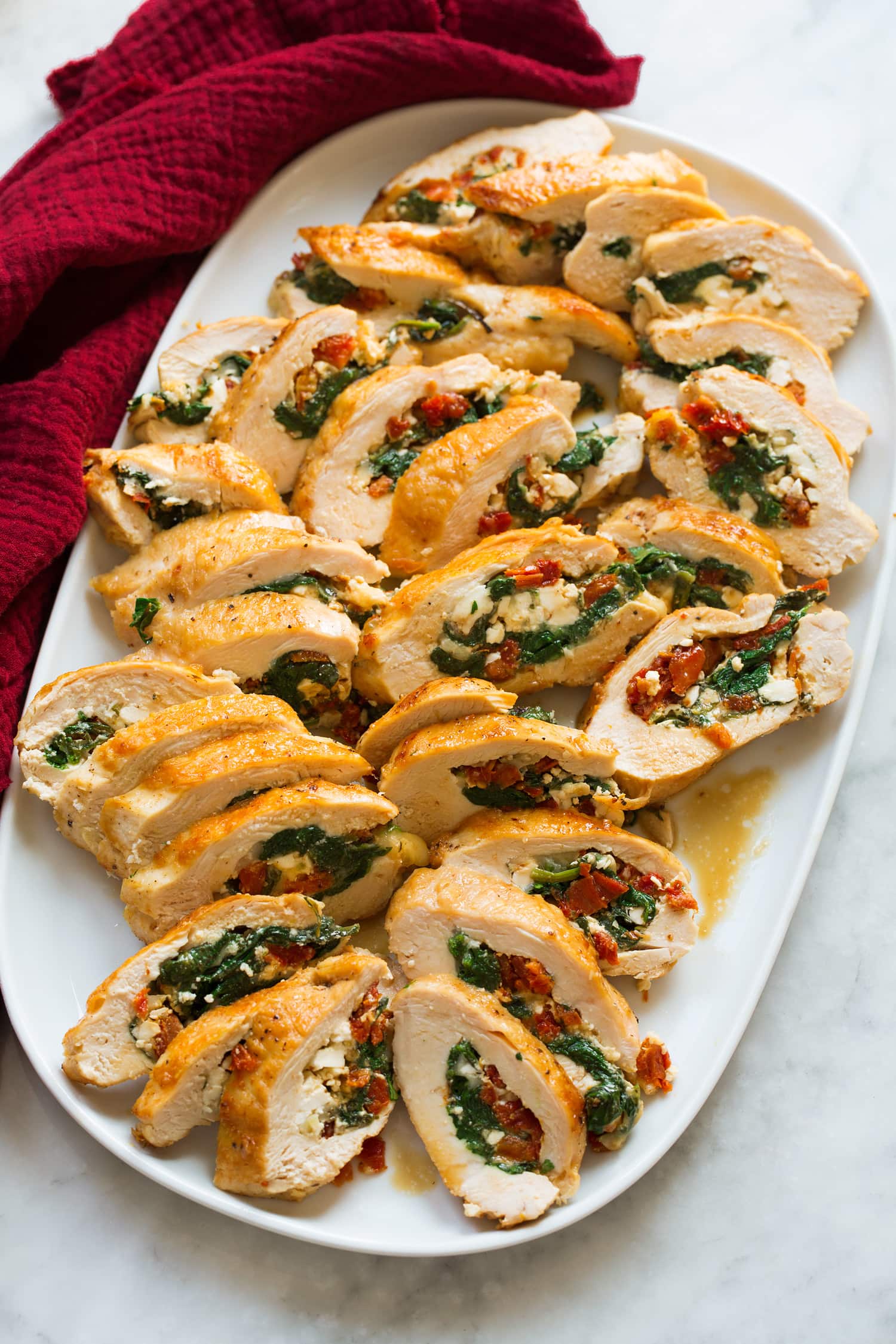 Sliced stuffed chicken breasts.