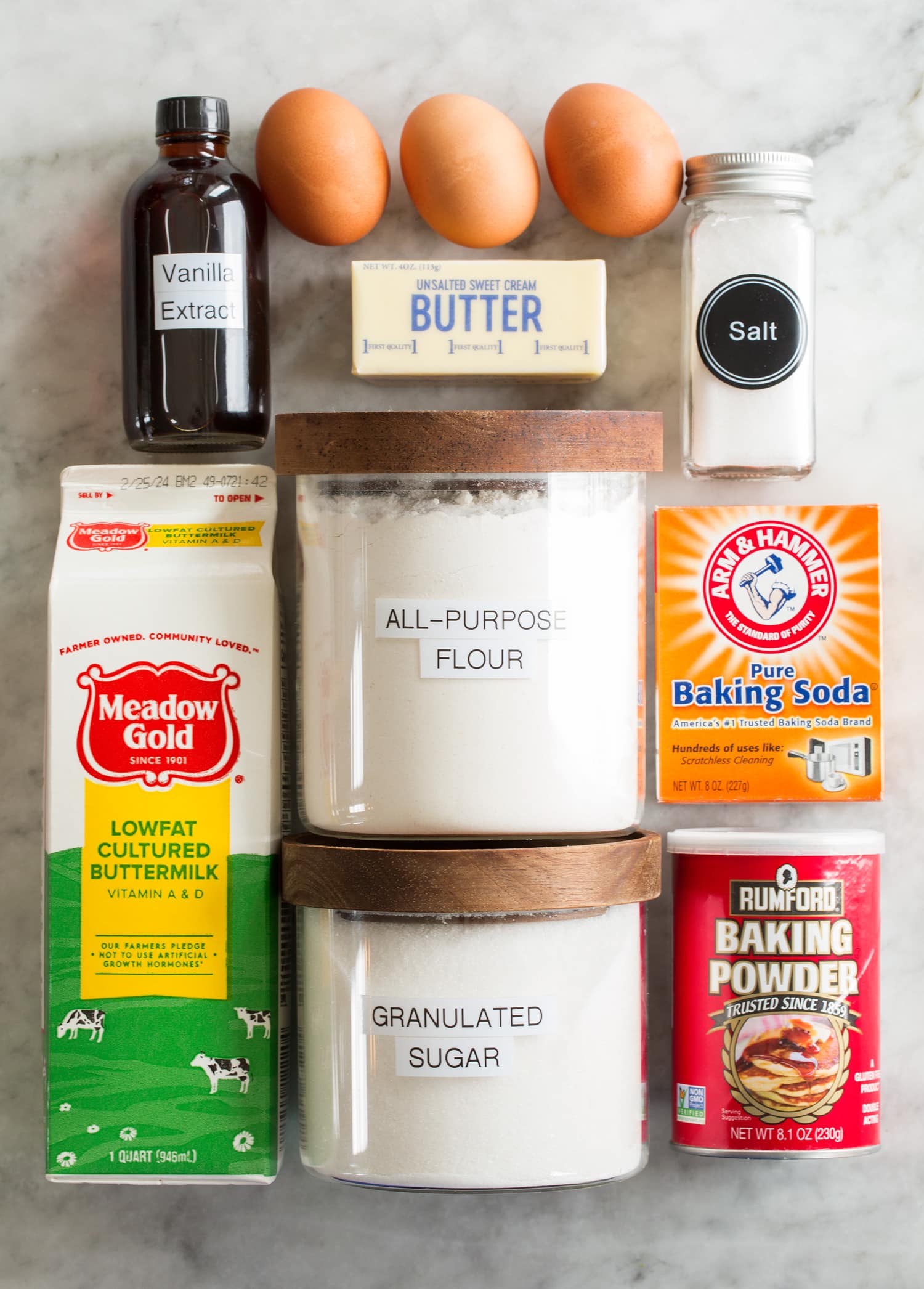 Ingredients needed for sheet pan pancakes.