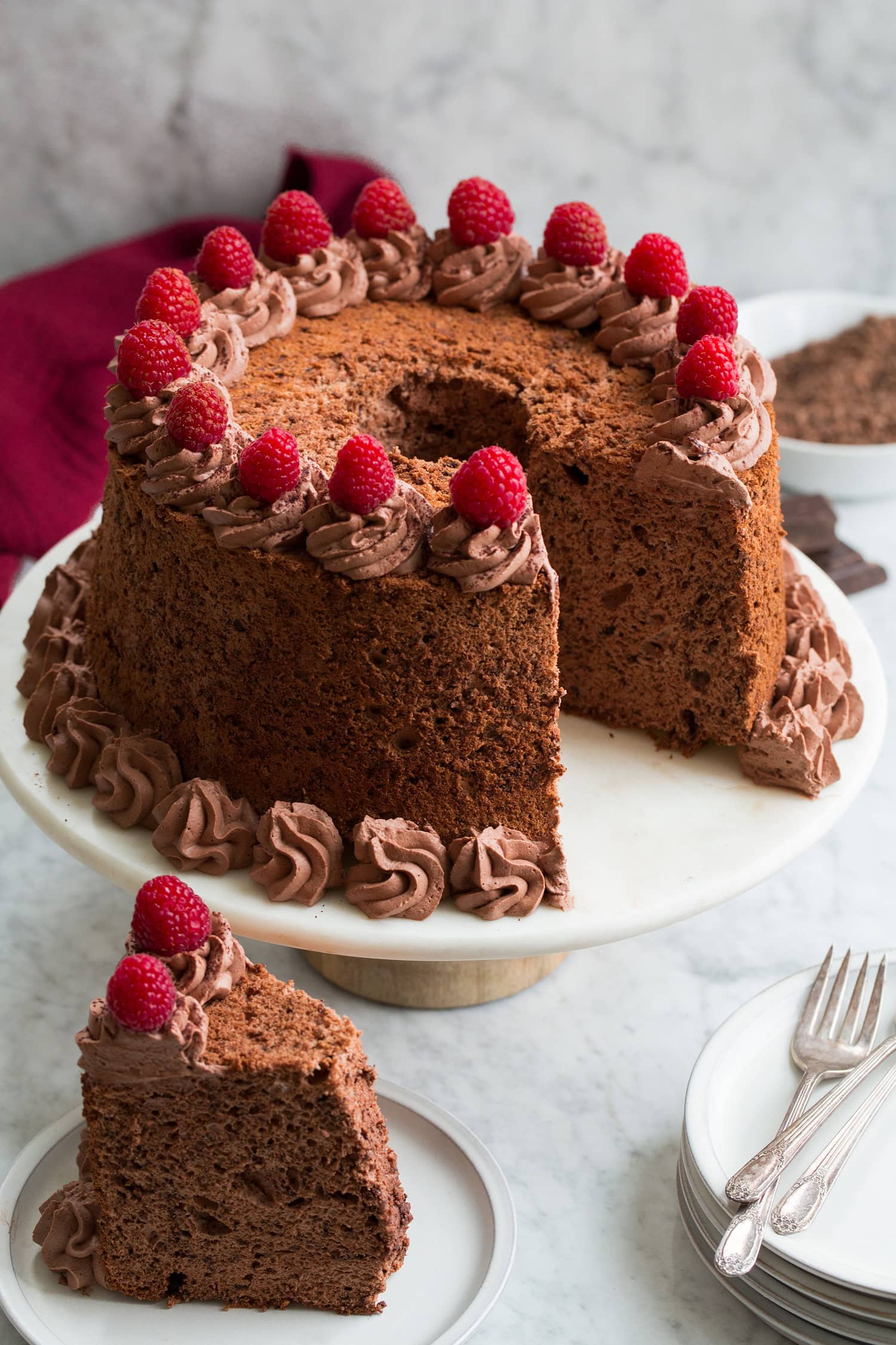 Angel food cake with cocoa and chocolate bits.
