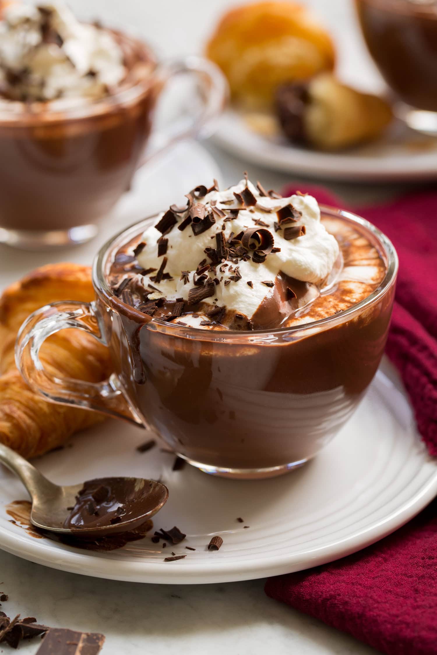 French hot chocolate shown with whipped cream and chocolate shavings.