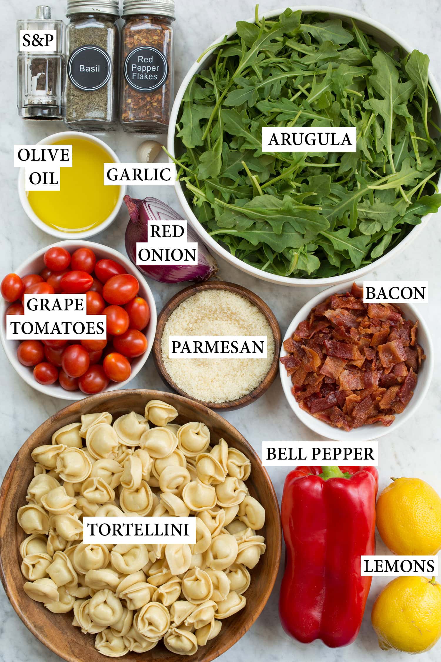 Ingredients used to make tortellini pasta salad.